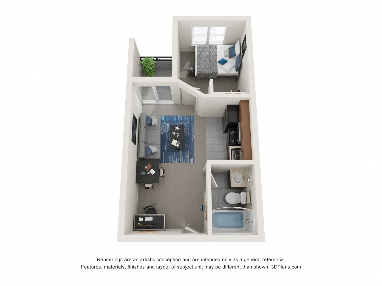 Floor plan for 1 bed, 1 bath, 367 sqft